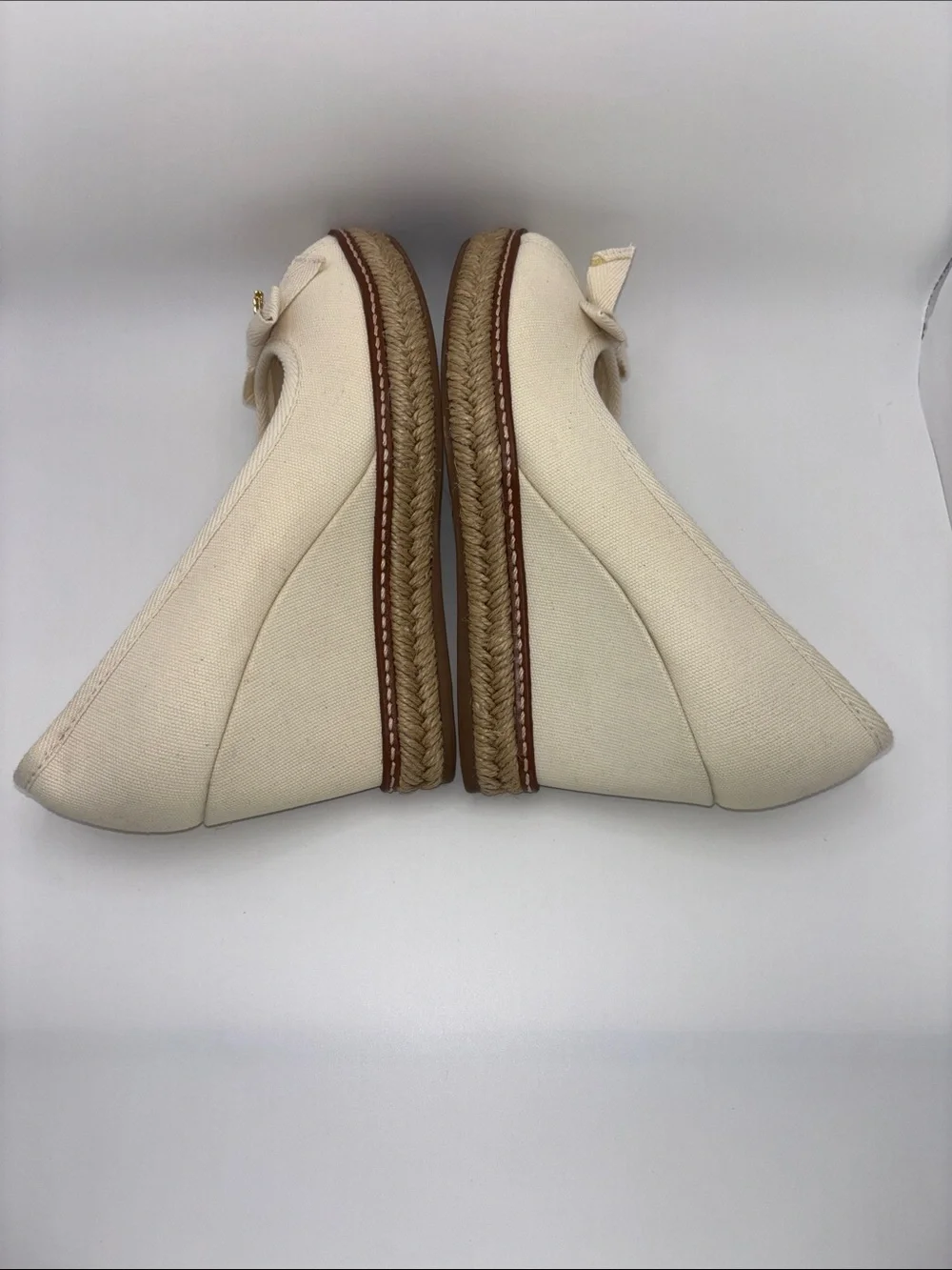 Tory Burch Cream Canvas Peep-Toe Espadrille Wedges with Gold Logo Charm